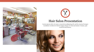 Hair salon presentation slide with images of a vintage salon interior and a smiling woman with styled hair.