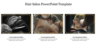 Hair salon slide with three framed images showing beard trimming, facial grooming, and haircutting, with text below each.