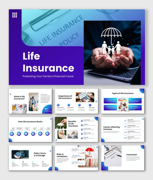 Life Insurance slides with purple theme, family protection visuals, icons, charts, and clean layouts for clear insights.