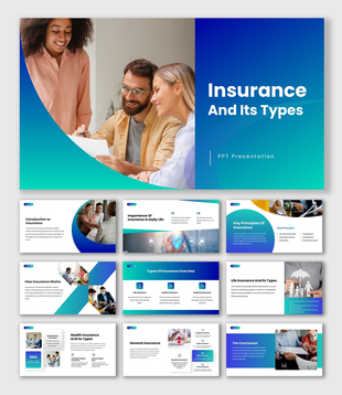 PPT On Insurance And Its Types Presentation with gradient color theme, icons, charts, and structured content layouts