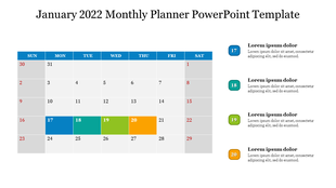 Monthly calendar for January 2022 with highlighted dates 17 to 20 in blue, teal, green, and orange, linked to text captions.