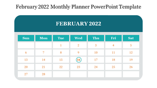Simple February 2022 calendar template featuring teal and white design with highlighted date.