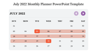 July 2022 planner layout with orange colored highlighted dates, on a light background with purple navigation buttons.