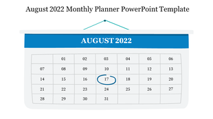 A calendar showing August 2022 with the 17th highlighted in the Monthly Planner template on a white backdrop.