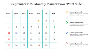 A calendar PPT slide showing September 2022 with the 1st, 10th, 12th, and 29th highlighted in the Monthly Planner template.
