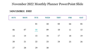 November 2022 calendar with blue and purple accents, highlighting a date with a turquoise color.