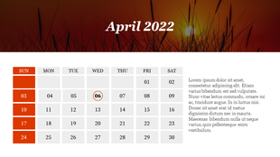 Calendar slide for April 2022 with dark orange sky backdrop, decorative text on right, and April 6 circled in orange.