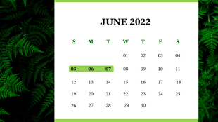 Calendar shows June 2022 with the 5th, 6th, and 7th highlighted in the Monthly Planner slide with a green fern background.