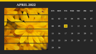 April 2022 calendar with yellow flowers in the background, arranged in horizontal strips with black grid layout.