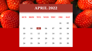 Monthly calendar for April 2022 with bold red header and large strawberries in the background, highlighting April 5.