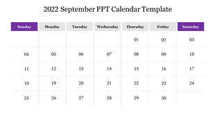 September 2022 calendar template with sunday and saturday in purple, and weekdays arranged in white columns.