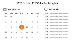 A calendar showing October 2022 with the 12th day highlighted, featuring weekly and daily activity sections on a white theme.