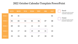 October 2022 calendar template with yellow weekly sections, red and purple color coded boxes for events, and text.