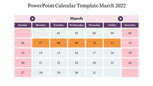 March 2022 calendar with orange highlights from the 7th to 11th and pink background for Sundays and Saturdays.