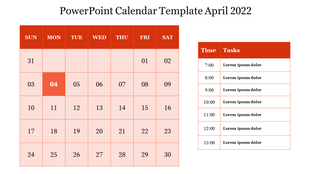 April 2022 calendar with days organized in rows and a red highlighted day, paired with a time and task planner.