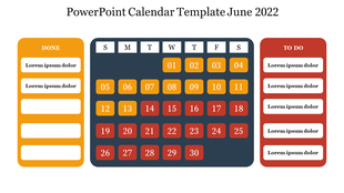 June 2022 calendar PPT template with done and to do sections, and color coded date boxes on a white backdrop.