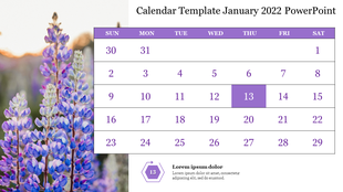 January 2022 calendar with a purple and white color scheme, featuring a background of flowers and grid layout for the dates.