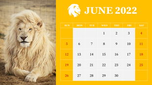 Calendar layout for June with bold yellow design, white lion icon above dates, and a white lion photo on the left side.