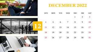 December calendar design showing business scenes on the left column and a minimal date grid on white background to the right.