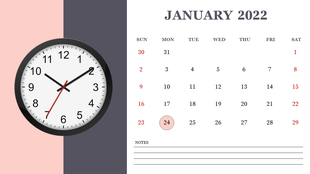 January 2022 calendar with pink and gray background, featuring a clock and a white date grid with red weekend dates.