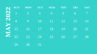 May 2022 calendar with a bright teal background, white text for dates, and bold title along the left side.