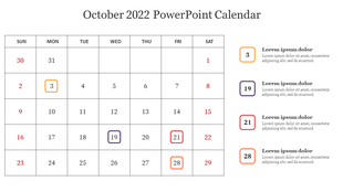 Grid calendar for October with dates 3, 19, 21, and 28 boxed in color, each linked to text descriptions on the right side.