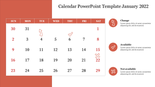 January 2022 calendar template with icons for changes, availability, and unavailability in red and white.