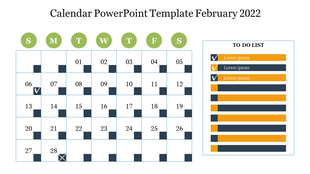 February 2022 calendar with a blue and green color scheme, featuring checkmarks for completed tasks and a to do list section.
