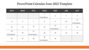 June 2022 calendar PowerPoint template with a minimalistic design and orange accents, featuring placeholder text.