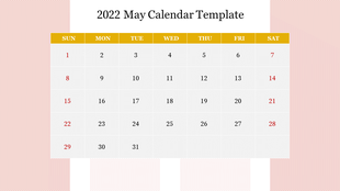 May 2022 calendar design yellow header, red weekend dates, and decorative patterns on the pink background.