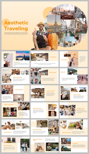 Travel themed PPT slides with vibrant photos of places, including scenic landscapes, coastal towns, and mountain retreats.