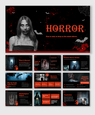 Horror PowerPoint template covering types, themes, psychology, elements of fear, audience impact, and trends.