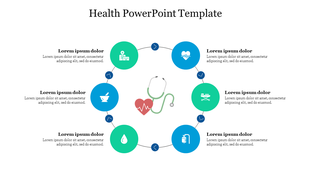 Health PowerPoint template with circular icons for various medical services centered around a stethoscope and heart symbol.