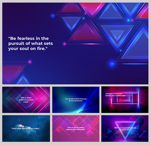 Collage of seven futuristic quote slides with geometric shapes, neon colors, and motivational text on dark backgrounds.