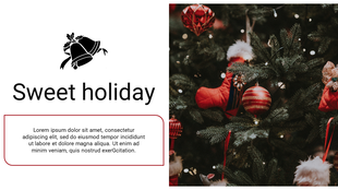 Christmas slide featuring a festive tree decorated with red ornaments and stockings, and a holiday message framed in box.