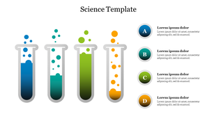 Science-themed template showing test tubes with blue, green, and orange bubbling liquids.