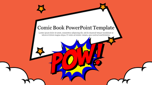 Comic book themed slide with a pow explosion in red and blue, framed by stars and clouds on an orange background.