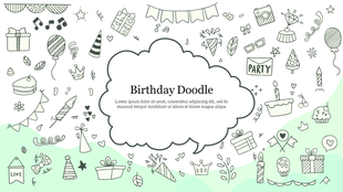 Doodle style birthday elements surrounding a cloud shaped text box on a pastel green and white background.