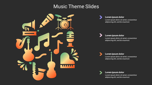 Music themed infographic featuring stylized icons of piano and violin in warm gradient colors, with four caption sections.