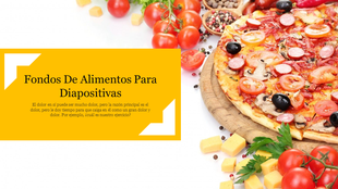 Fondos De Alimentos Para Diapositivas features a pizza with tomato, sausage, and mushrooms, accompanied by fresh ingredients.