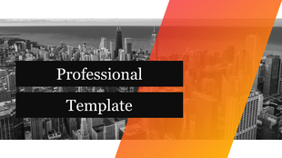 Urban skyline template design featuring large text on black bars and a orange gradient shape over part of the city view.