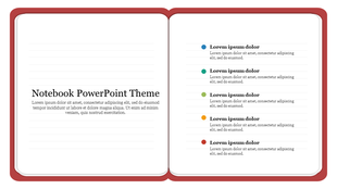 Slide featuring an open notebook with red borders, and colorful bullet points on the right.