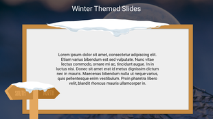 Winter themed slide with snow on a wooden directional sign, wooden framed text area with snowflakes in the backdrop.