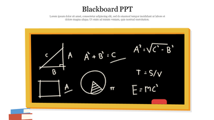 Illustration of a yellow framed blackboard with white geometric diagrams and equations, with a stack of colorful books below.