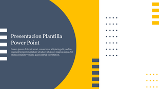PowerPoint template featuring a split design with yellow and dark blue sections, along with abstract shapes.