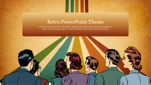 Retro themed slide with vintage crowd illustration facing upward rays and a brown gradient title box centered at the top.