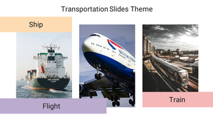Transportation themed slide showcasing a ship, airplane, and train, each with distinct pastel color labels.