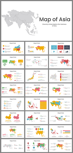 Slide deck with various Asia maps in different color themes, includes data visuals, demographics, and regional highlights.