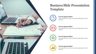 Business slide with hands working on paper near laptops on left, and fourcircular icons with text blocks on the right.