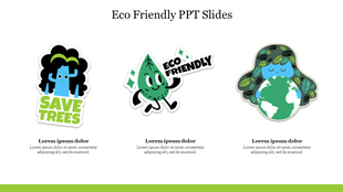 Eco friendly slide with three illustrated icons promoting tree conservation and Earth care with placeholder text.